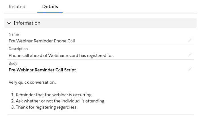 A sample of a Call Script within an HVS Sales Cadence