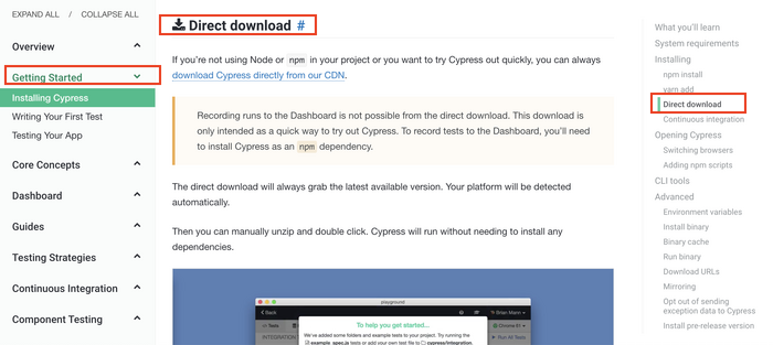 Cypress direct download from Doc page
