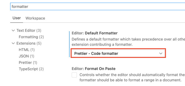 visual studio code set formatter to default option