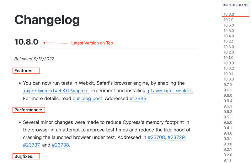 How to check Cypress changelog