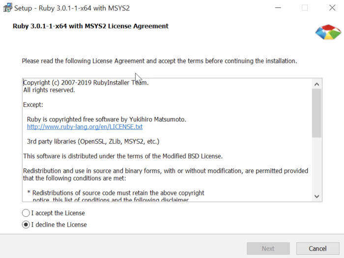 accept the ruby licence agreement for windows installation