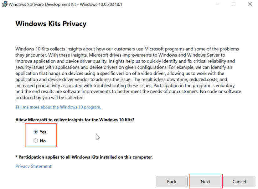 allow microsoft to collect insights from Windows SDK