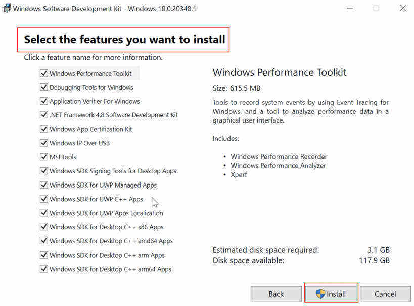 install specific windows SDK tools
