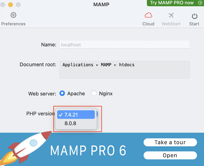 change php version mamp